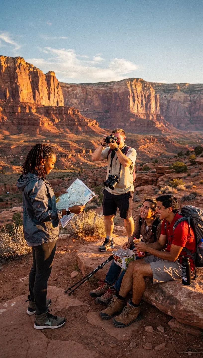 Group of travelers sharing cultural experiences in a vibrant destination.