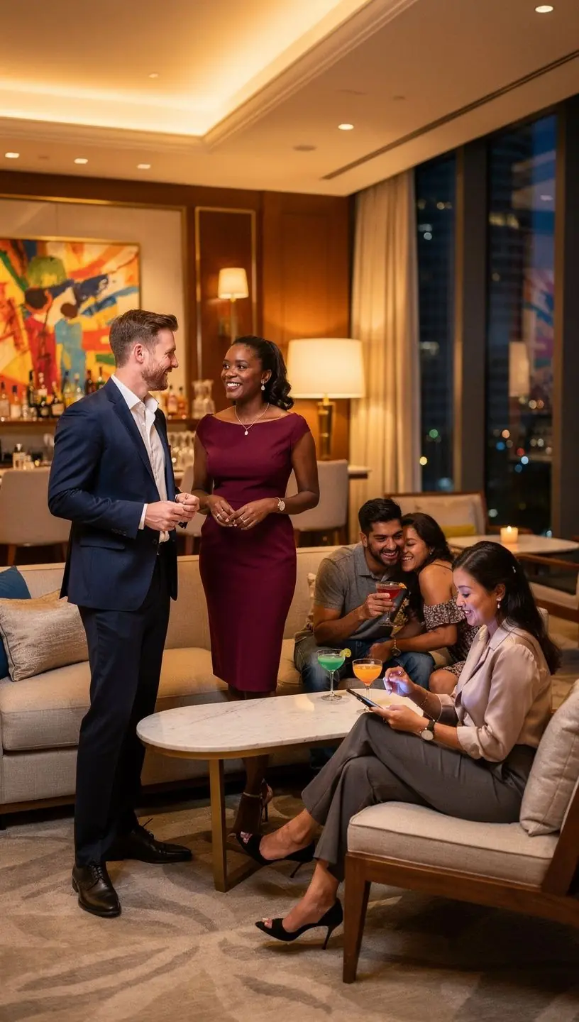 Group of travelers enjoying a meetup during a trip.