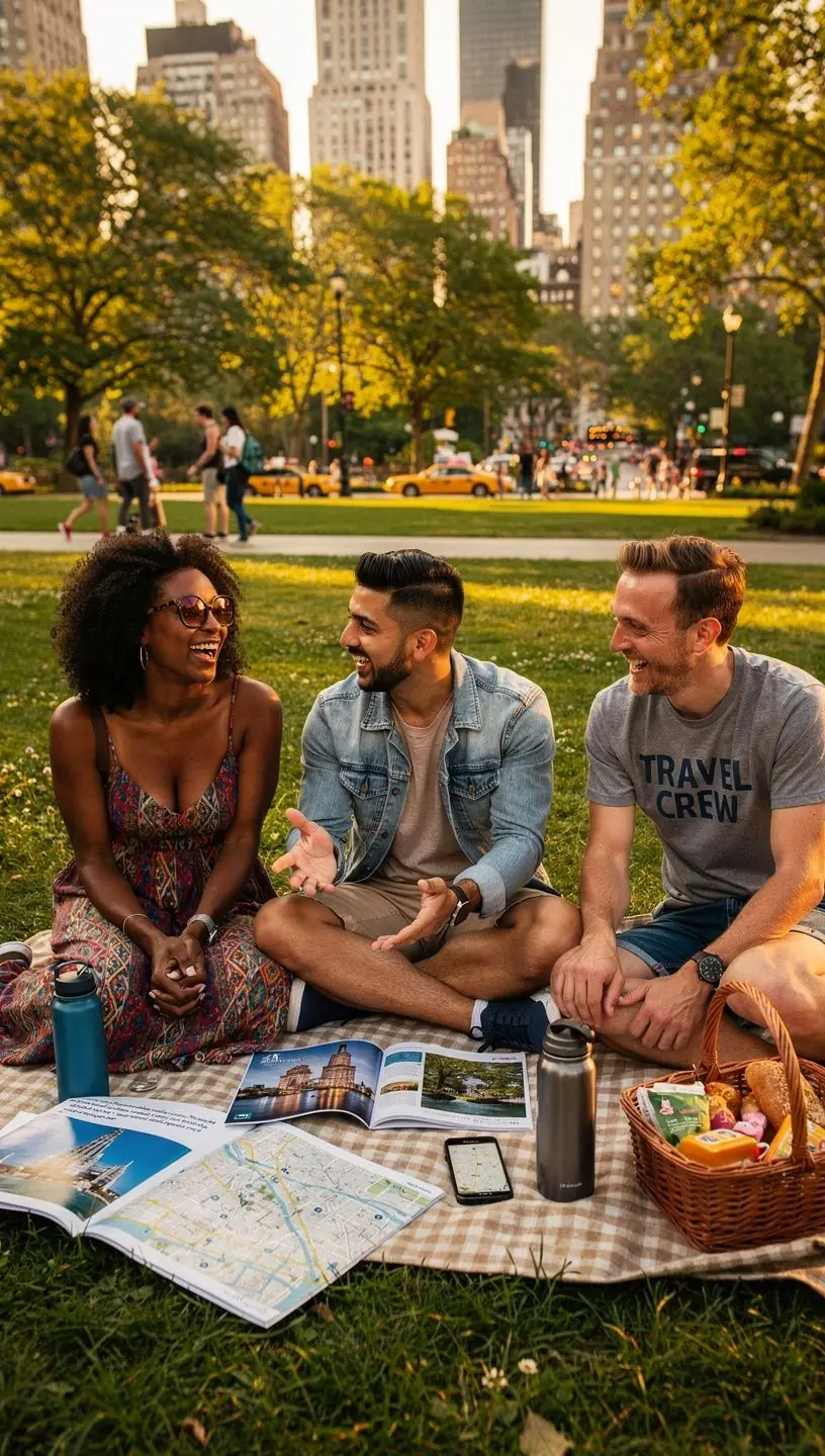 Group of diverse travelers sharing experiences and building relationships.